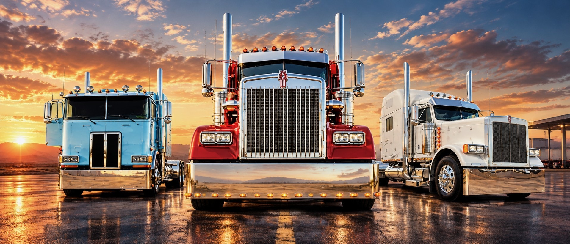 Three semi-trucks lined up at sunset at the Big Rig Truck Show